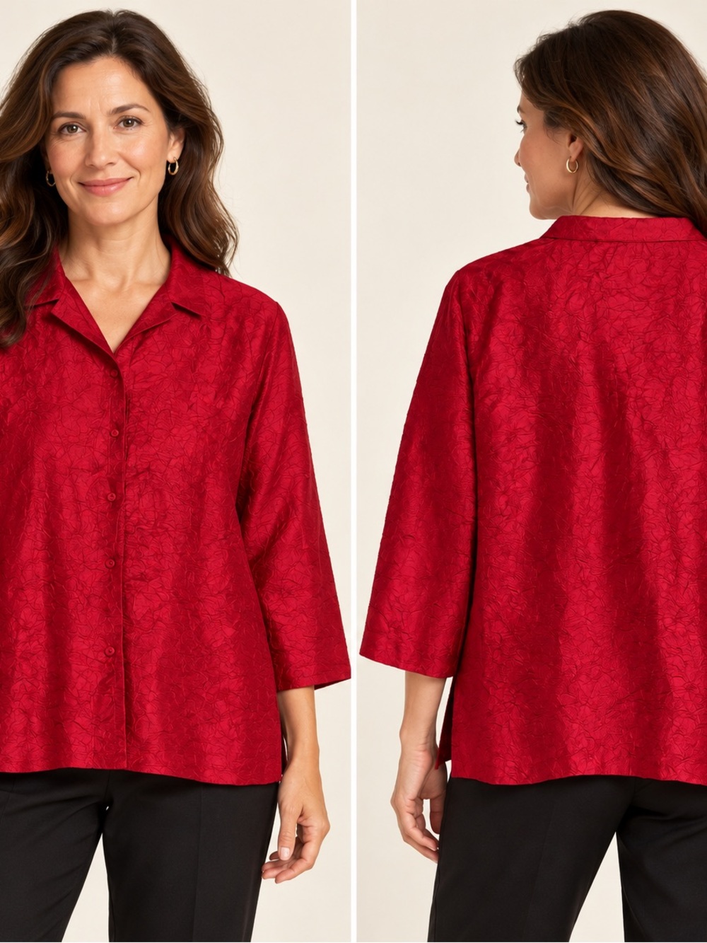 Eileen Fisher Red Crinkle Button-Front Blouse – Size Medium